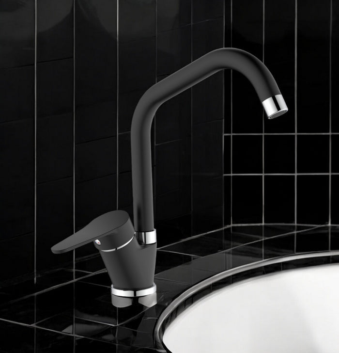 Miscelatore per cucina in ottone finitura granito nero, canna a ponte