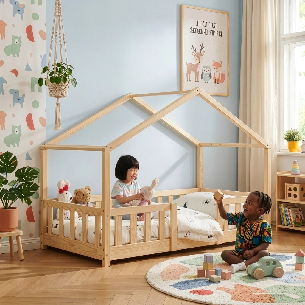 Letto per Cameretta Treviolo a Forma di Casetta in Stile Montessori 80x160 cm Naturale [en.casa]