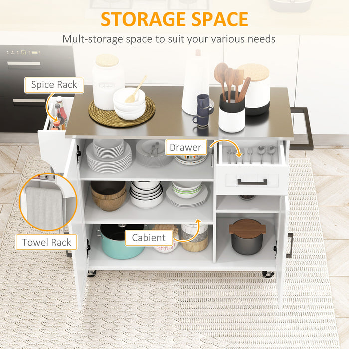 Carrello Isola da Cucina 128x45,5x91,5 cm in MDF e Acciaio Inox Bianco