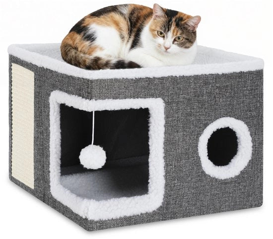 Gabbia per Gatti Bicamera con Scivolo e Giocattolo, Ripiegabile con Panno Lavo, Adatta per Più Gatti