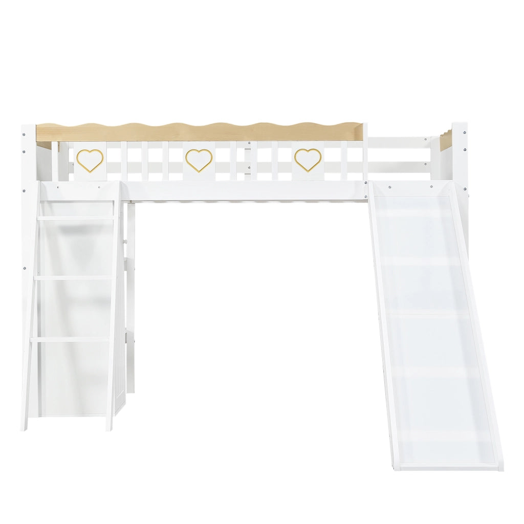 Letto a Soppalco 90 x 200 cm con Scivolo; Armadio e Mobile Contenitore - Bianco Naturale