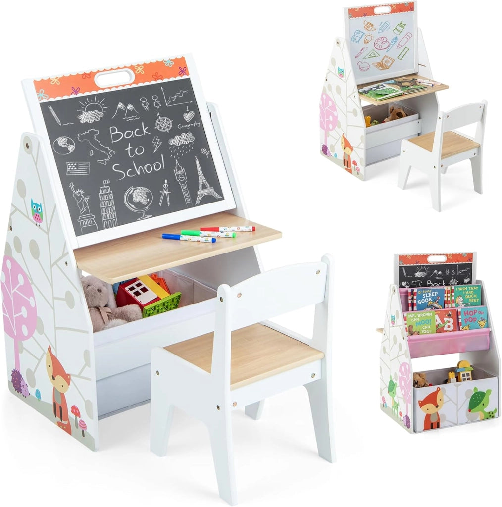 Cavalletto per Bambini Doppio Lato, Set Tavolo e Sedia per Bambini con Lavagna Magnetica e Lavagna Bianca, Contenitore in Tessuto e Libreria(Bianco)