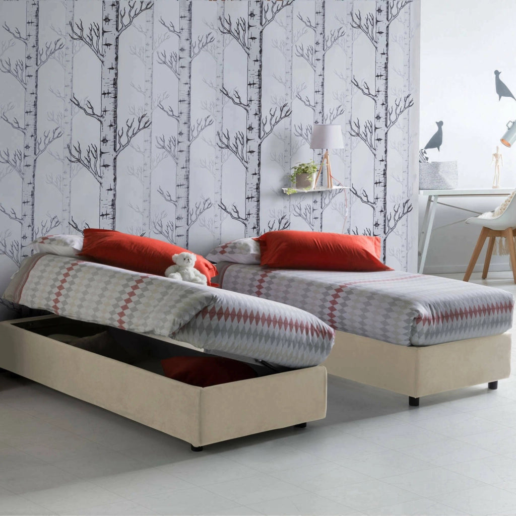 Letto singolo Adoxa, Letto contenitore con rivestimento in tessuto, Made in Italy, Apertura laterale, adatto per materasso cm 80x190, Beige