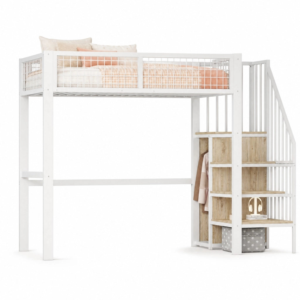LETTO A CASTELLO 90x200 cm in metallo bianco con scala e armadio