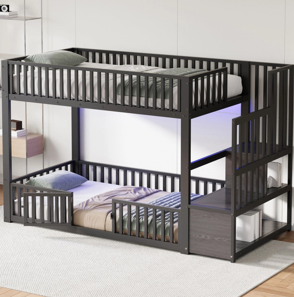 Letto a castello 90x200 cm con scala contenitore e illuminazione LED, nero