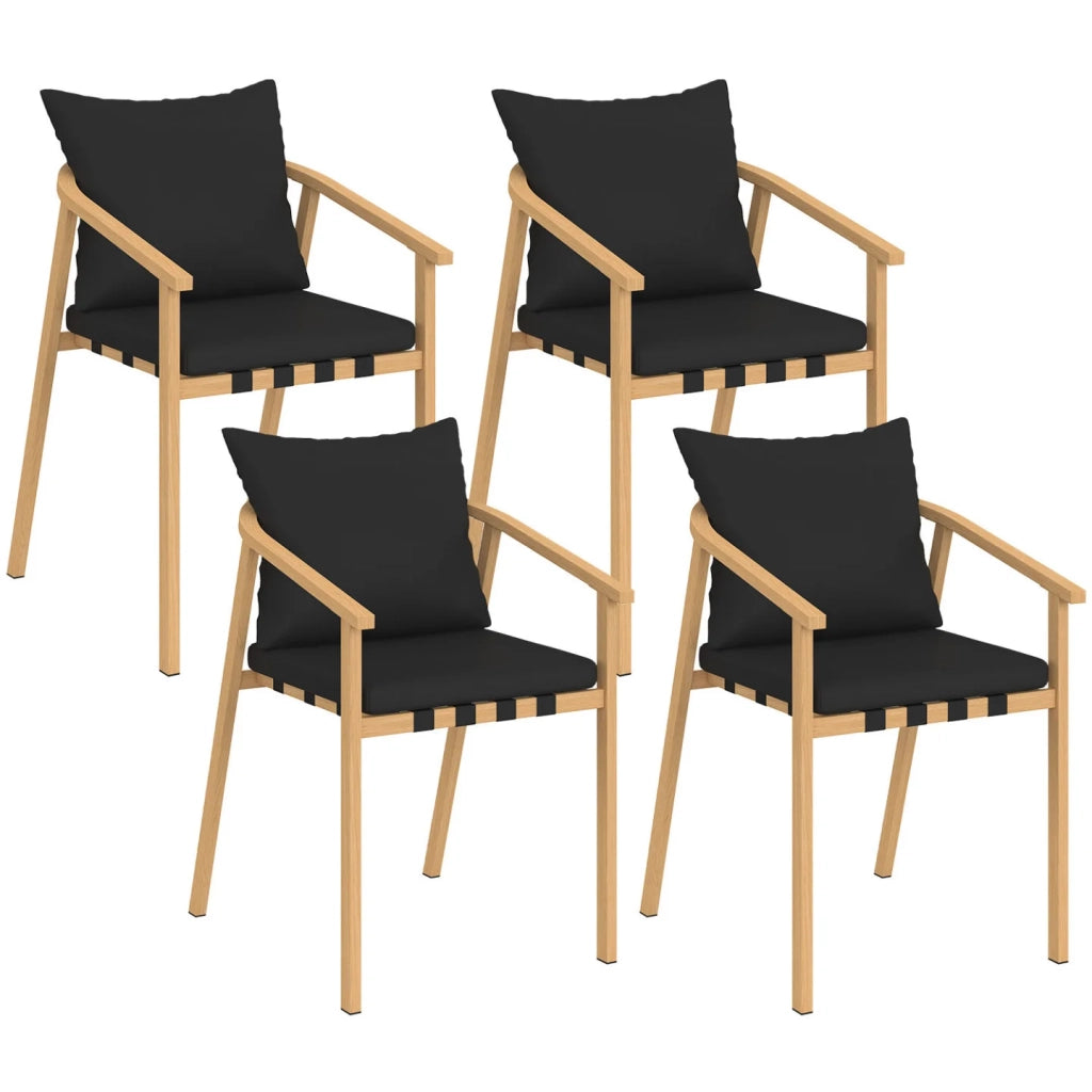 IDMarket - Set di 4 sedie da giardino MALTA, struttura in metallo effetto legno, cinghie e cuscini neri