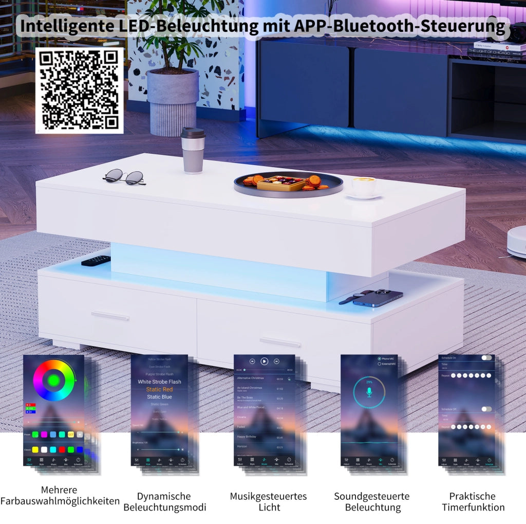 Tavolino da caffè sollevabile 100 x 50 x 44 cm con LED e 2 cassetti