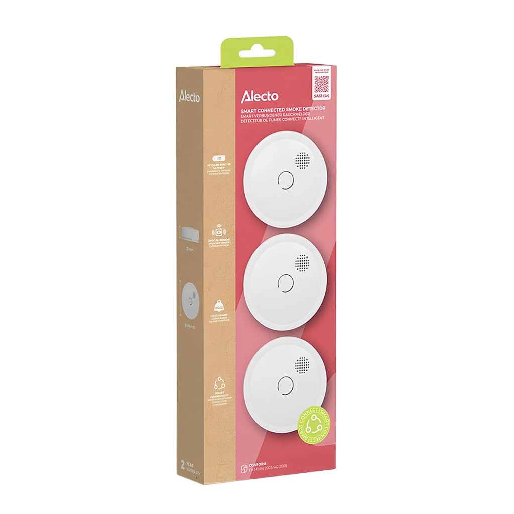 Set di 3 Rilevatori di Fumo Senza Fili 433 MHz 85dB Batteria 10 anni EN14604 Bianco Alecto