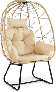 Poltrona in Rattan da Giardino, Sedia a Nido con Cuscino Rimovibile, Supporto in Metallo, Sedia a Uovo da Interni ed Esterni, Portata 150 kg, 100 x 76 x 145 cm (Beige)
