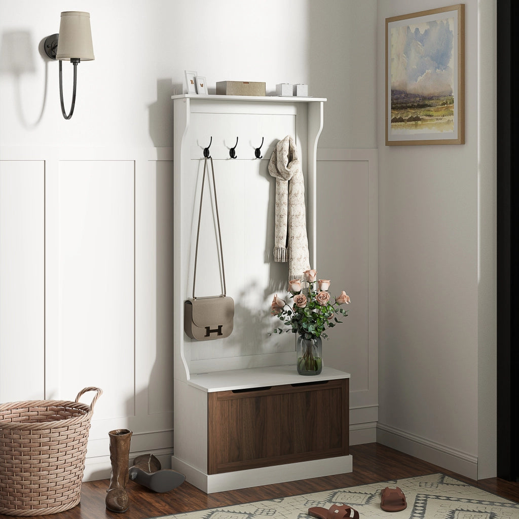 Mobile Appendiabiti 3 in 1 con 4 Ganci e Panca Contenitore, in Legno, 71.5x39.5x170 cm, Bianco