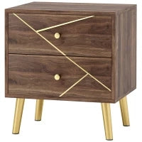 Comodino con 2 Cassetti, Maniglie Dorate, Piedi in Acciaio, 45 x 35 x 50 cm, Marrone