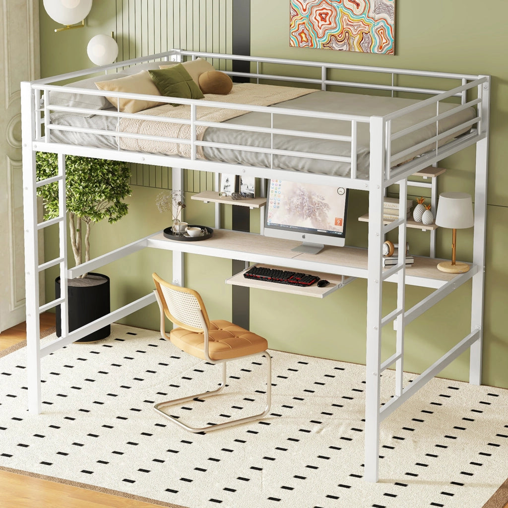 LETTO a soppalco 140x200 cm in metallo bianco con scrivania e 2 librerie