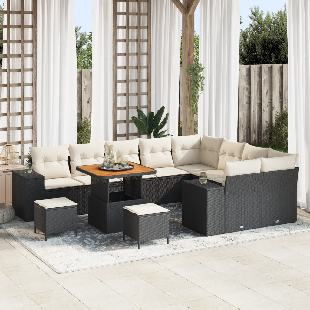 Set Divano da Giardino 12 Pezzi con Cuscini Nero Rattan in Polietilene Acacia