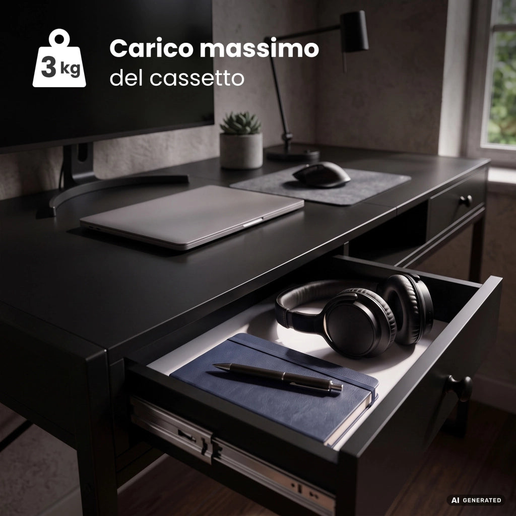 Scrivania industriale per computer Nera ELONIS 123 cm 2 cassetti 1 ripiano gambe nere