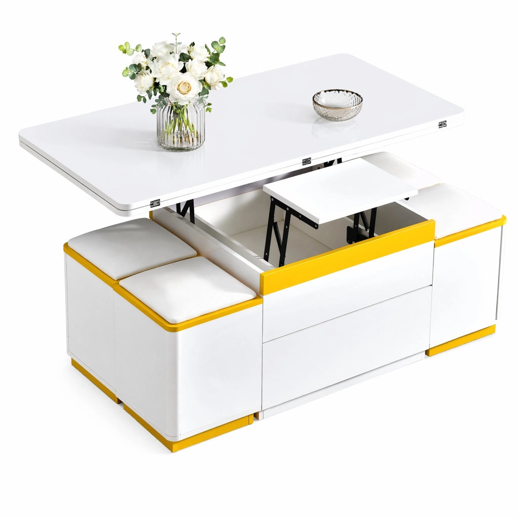 Tavolino da caffè sollevabile e pieghevole 100x50x43 cm con 4 sgabelli; MDF; bianco e giallo