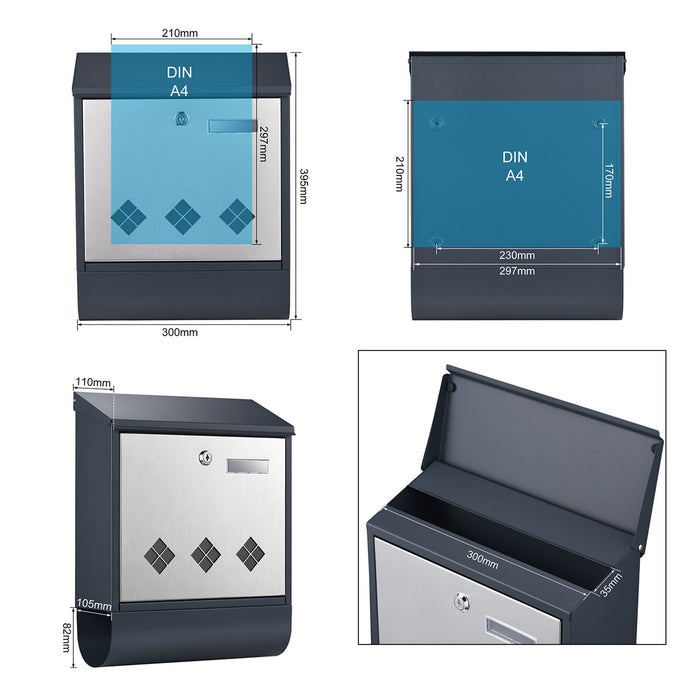 Cassetta postale con vano portagiornale V36 antracite + inox 305 x 105 x 385 mm con vetrino nome