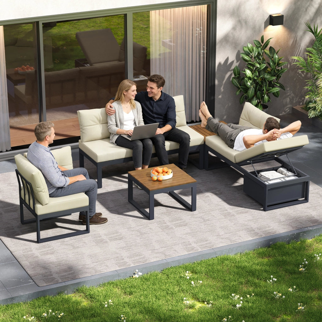 OKWISH Set mobili da giardino divano modulare con tavolino e vano contenitore in poliestere beige