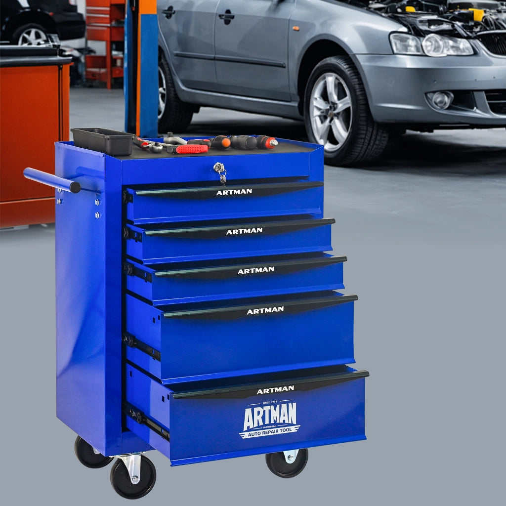 Carrello portautensili con 5 cassetti, ruote piroettanti, serratura e struttura in acciaio, per garage, nero e blu