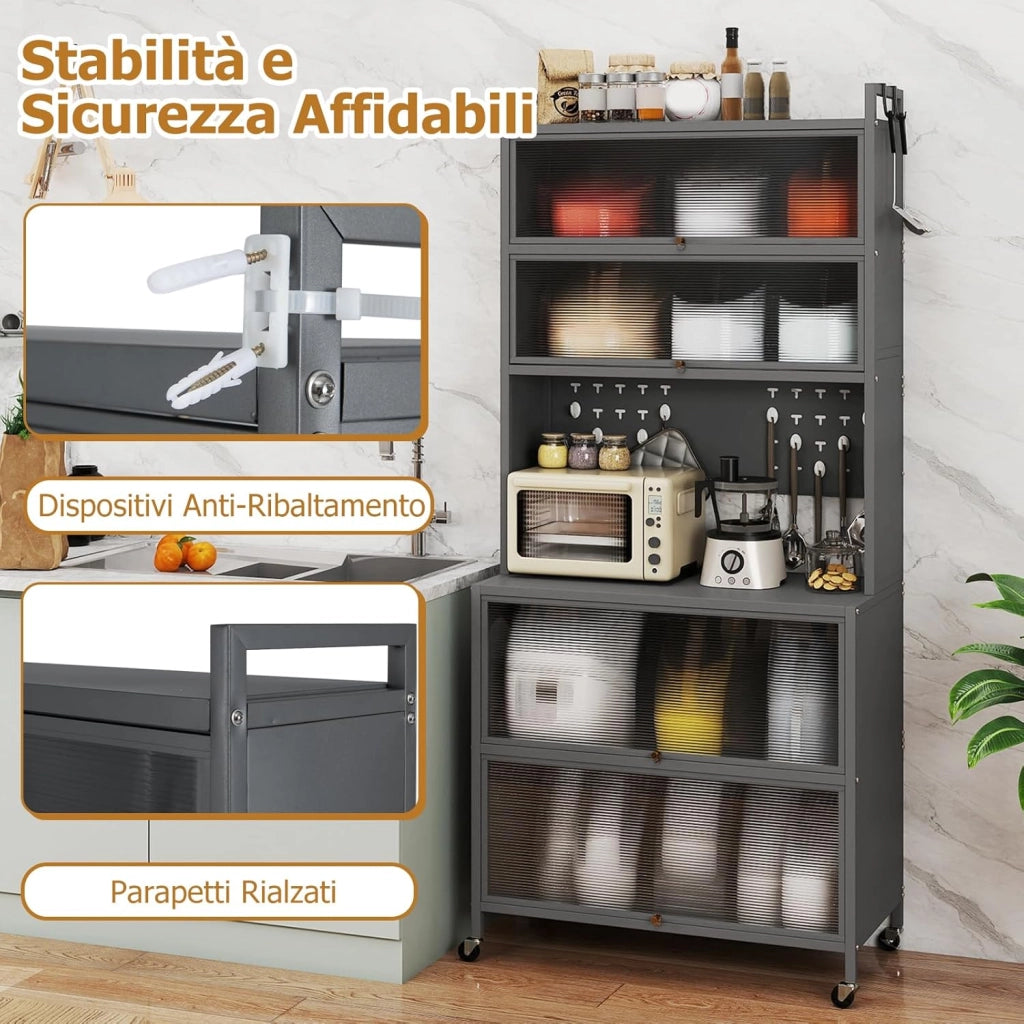 Credenza Alta per Cucina con 6 Ripiani e 4 Ante a Ribalta Traslucide, Mobile Cucina con Ruote e Panello a Ganci, Armadio Cucina Porta Microonde, per Soggiorno (Grigio, 80 x 40 x 178 cm)