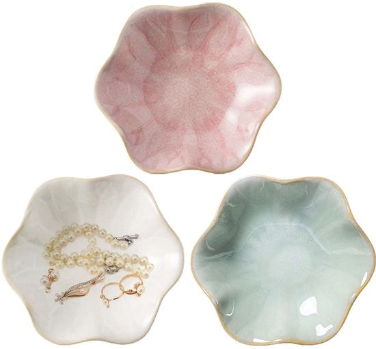 Sistema di conservazione per gioielli in ceramica in 3 stili, piatto per gioielli piccolo 10 cm, piatto per anelli per conservazione e decorazione per la casa (rosa, bianco, verde)