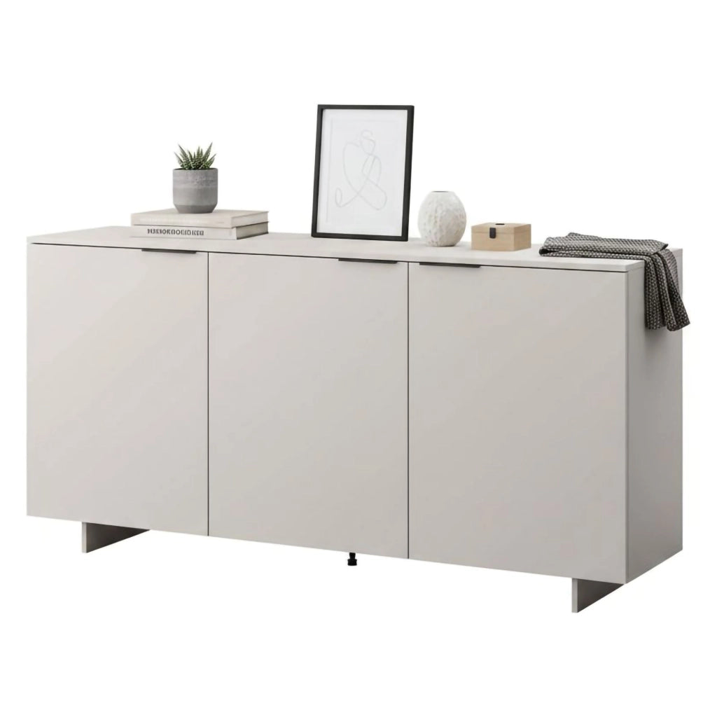 Credenza Neto, Madia da salotto con tre ante battenti, Rialzato da terra, 180x42 h90 cm, Beige