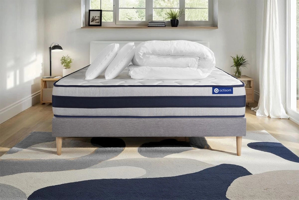 Pacchetto letto completo - Materasso 180x200cm + Box spring con doghe (in kit) + 2 cuscini + Piumino - Actimemo Ergo