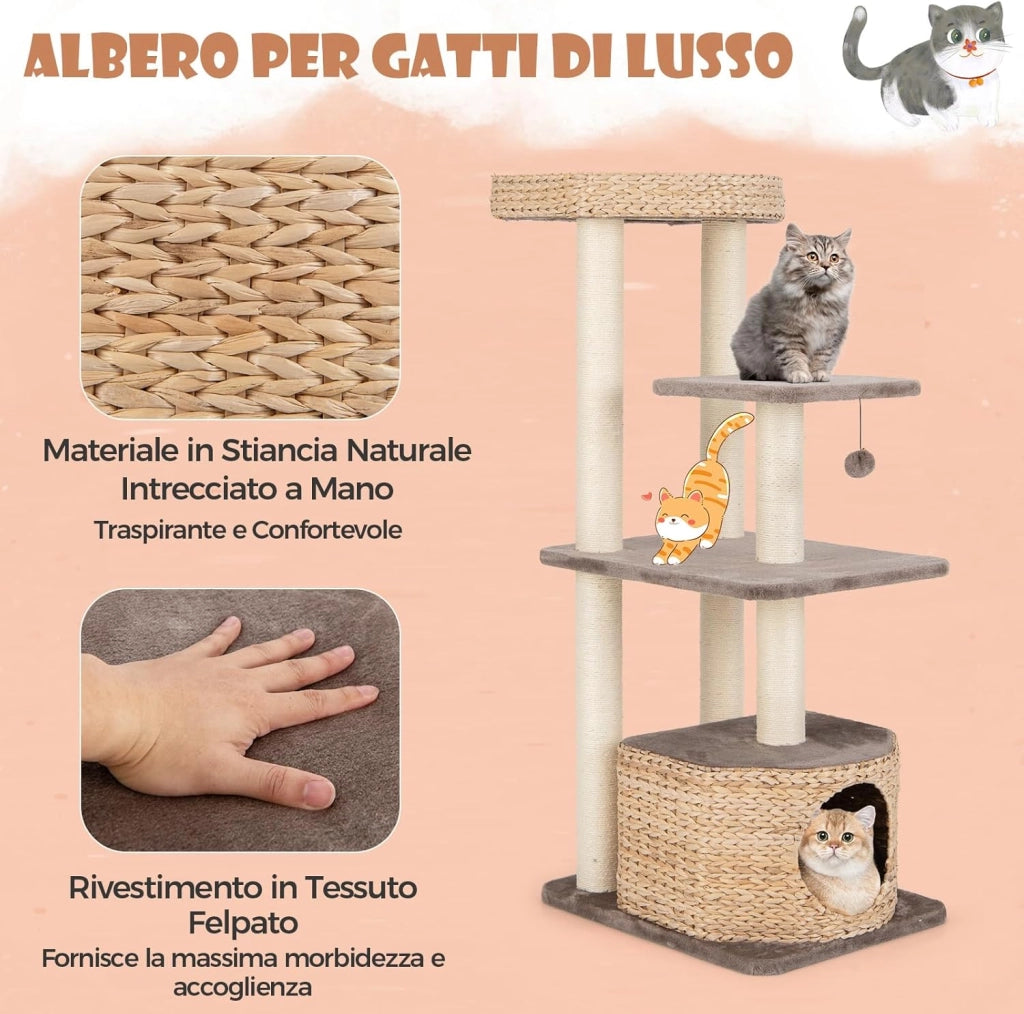 Tiragraffi 131cm, Albero per Gatti con Posti per Graffiare in Sisal, Cuccia di Velluto a Coste, Condo, Pallina Pendente e Cuscini Lavabili, Mobili per Animali Domestici, Caffè e Naturale