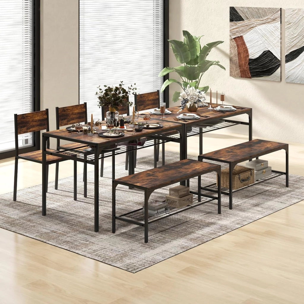 Set di tavolo da pranzo per 4, tavolo rettangolare con 2 sedie, 1 panchina, mensole, telaio in metallo resistente, set da pranzo da 4 pezzi, sala da pranzo, cucina (marrone rustico)
