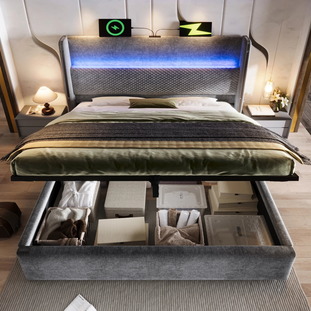 Letto matrimoniale idraulico con testiera alta, LED e USB Tipo C