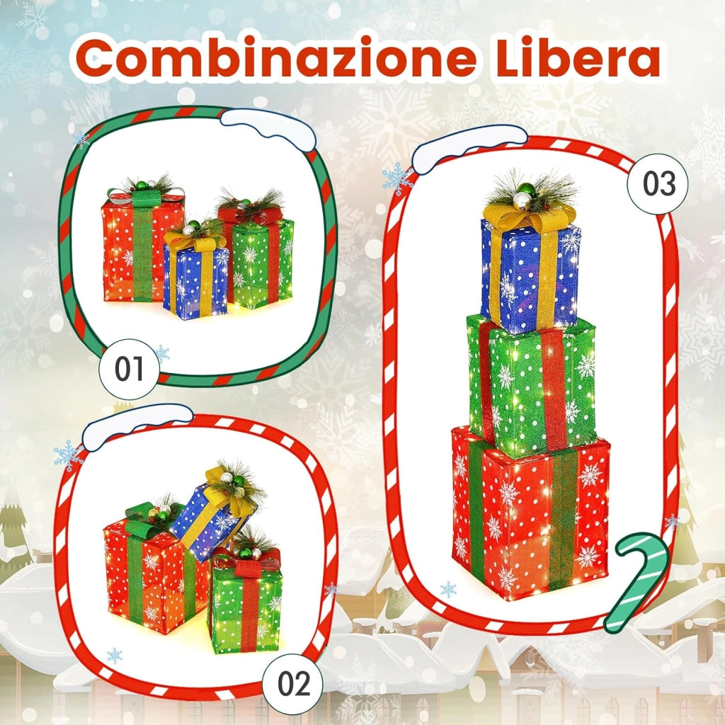 Decorazioni Scatola Regalo di Natale, Set di Scatole Regalo Illuminate, Decorazione Natalizia per Interni ed Esterni con 52 Luci LED per Esterno (Rosso+Verde+Blu)
