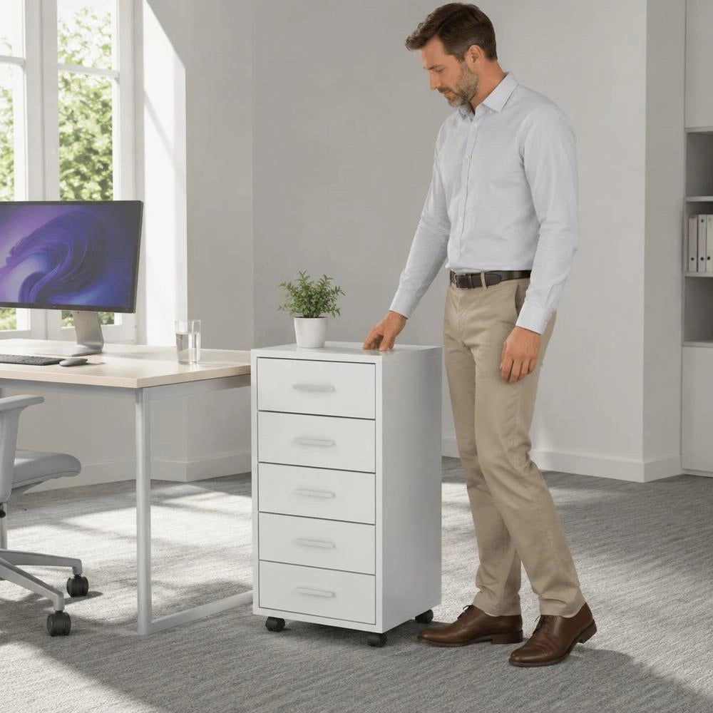 Office Drawer Cabinet On Casters, 5 Drawers, White