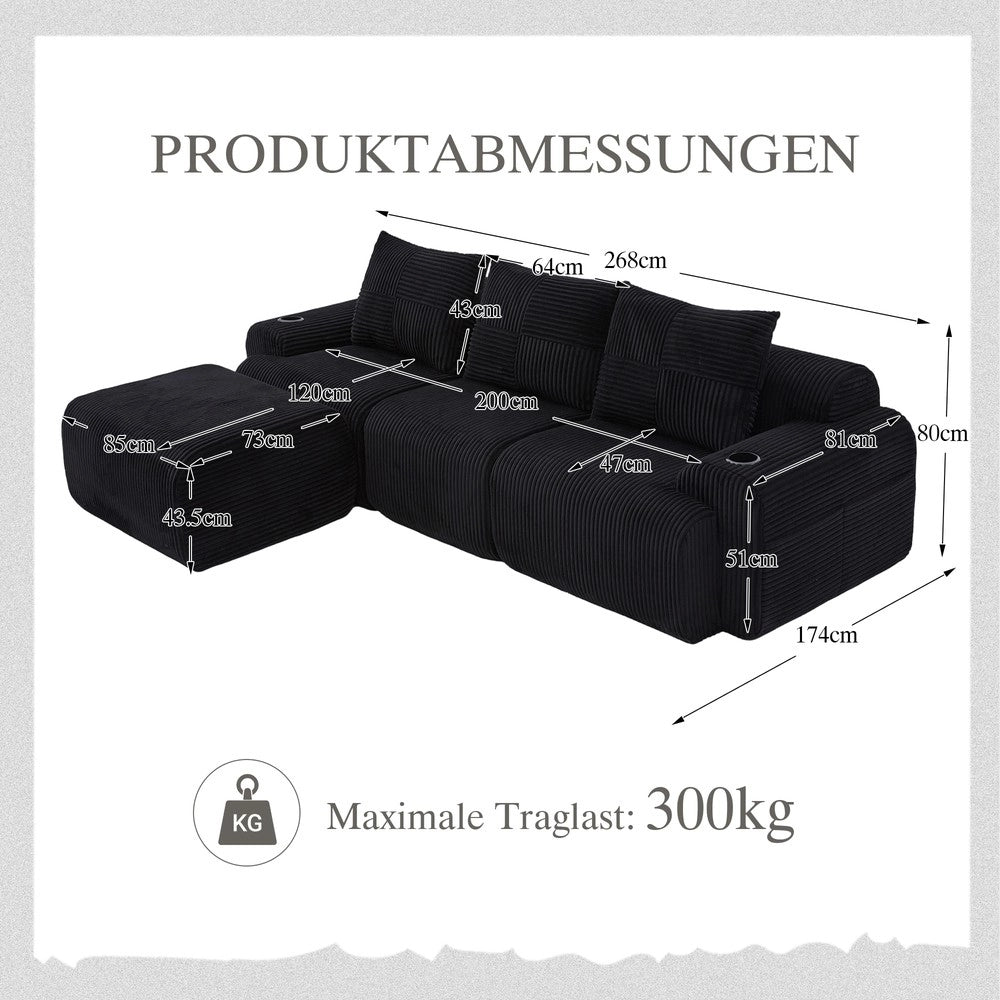 Divano 3 posti Nero con contenitore ¨C Minimal ¨C Tessuto con porta bevande e tasche laterali