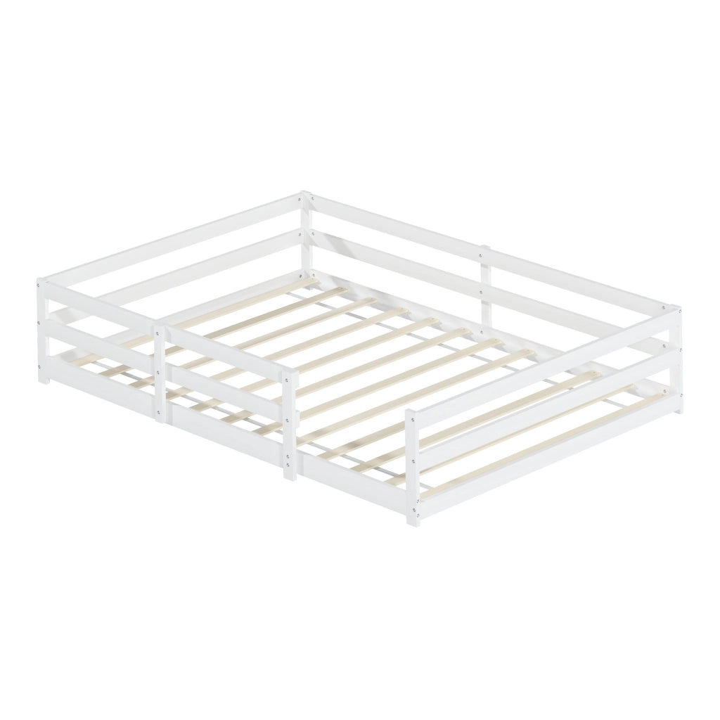 Letto Montessori a pavimento 140x200 cm con sponde su 4 lati, legno di pino massiccio, bianco