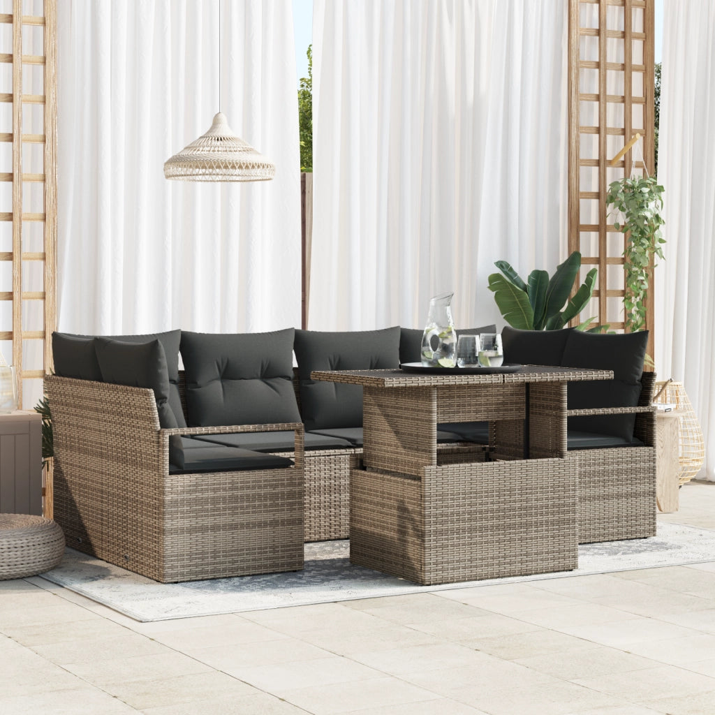 Set di Divani da Giardino da 7 Pezzi con Cuscini Grigio Rattan Poliestere