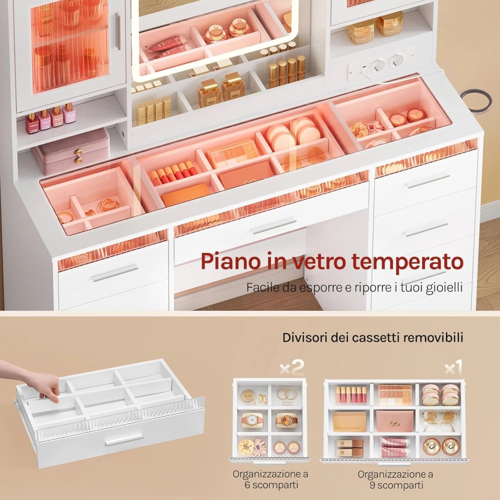 Toeletta con Specchio e LED Regolabili, 2 Armadietti con Ante e Luci RGB, 9 Cassetti e Multipresa, Piano in Vetro Temperato, Postazione Trucco, per Camera da Letto, Cabina Armadio, Bianco