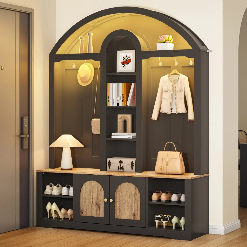 Mobile d'ingresso con 2 Ante; 3 Ripiani Aperti; Ganci e LED USB; Stile Nordico; in MDF; Nero; 150??40??195 cm
