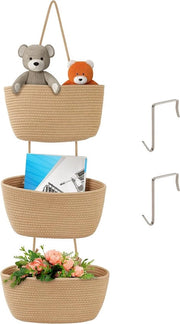 Mand 3-trappole per appendere, cesto di cotone intrecciato marrone per camera da letto, bagno, soggiorno, stanza dei bambini e guardaroba