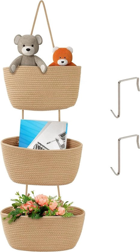 Mand 3-trappole per appendere, cesto di cotone intrecciato marrone per camera da letto, bagno, soggiorno, stanza dei bambini e guardaroba