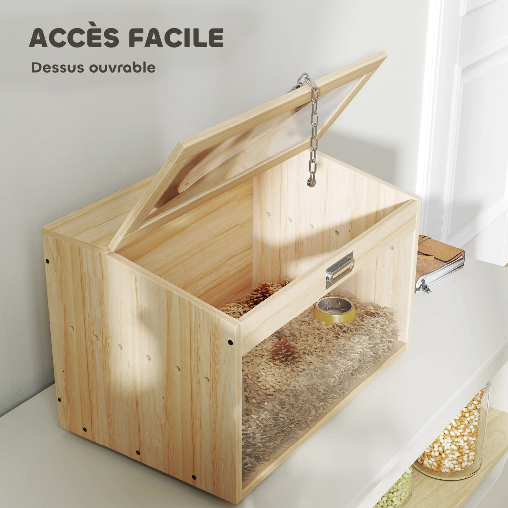 Gabbia per criceti in legno con coperchio apribile e finestra acrilica ¨C Xylo ¨C 55x35x35 cm effetto legno naturale