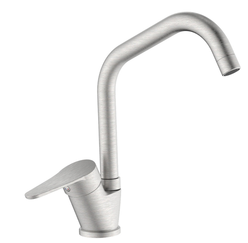 Miscelatore per cucina in ottone finitura acciaio spazzolato, canna a ponte