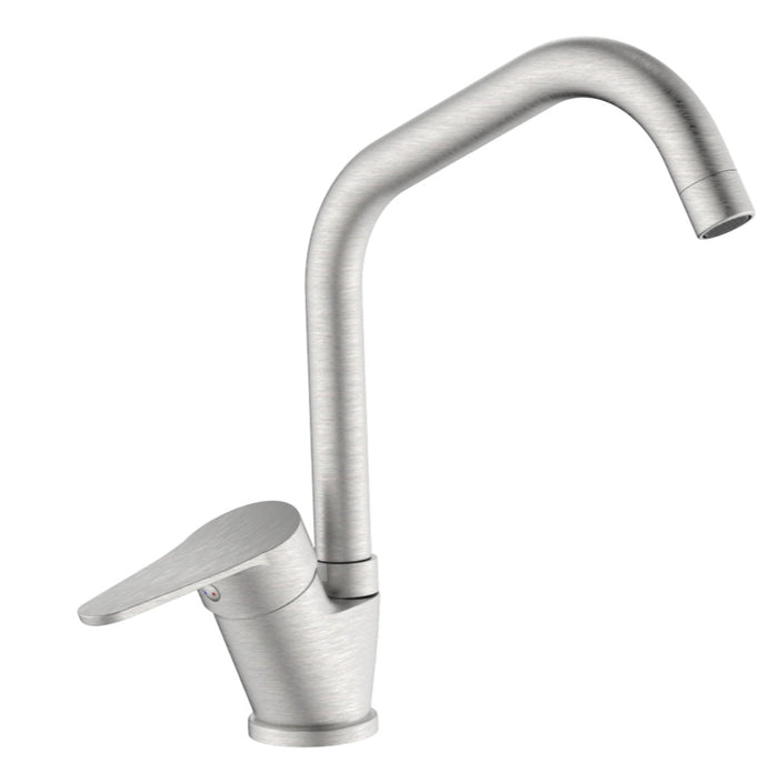 Miscelatore per cucina in ottone finitura acciaio spazzolato, canna a ponte