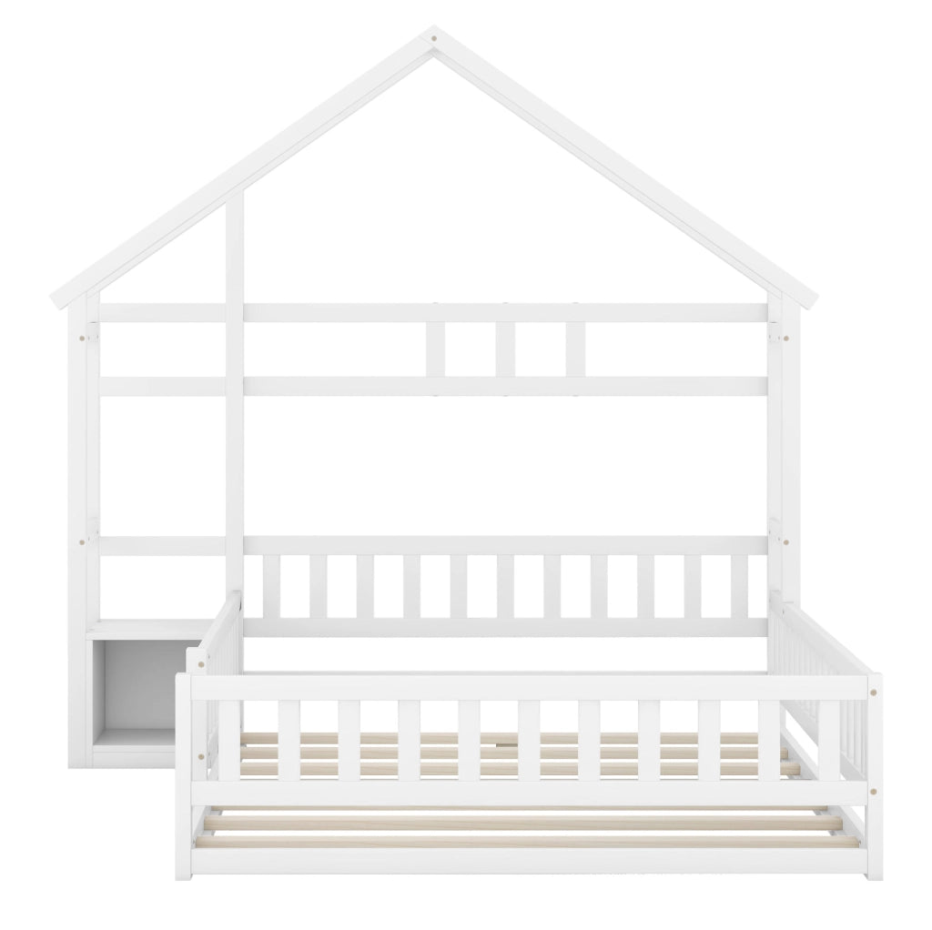 Letto per bambini 140x200 cm a casetta con sponda e comodino; legno di pino e MDF; bianco