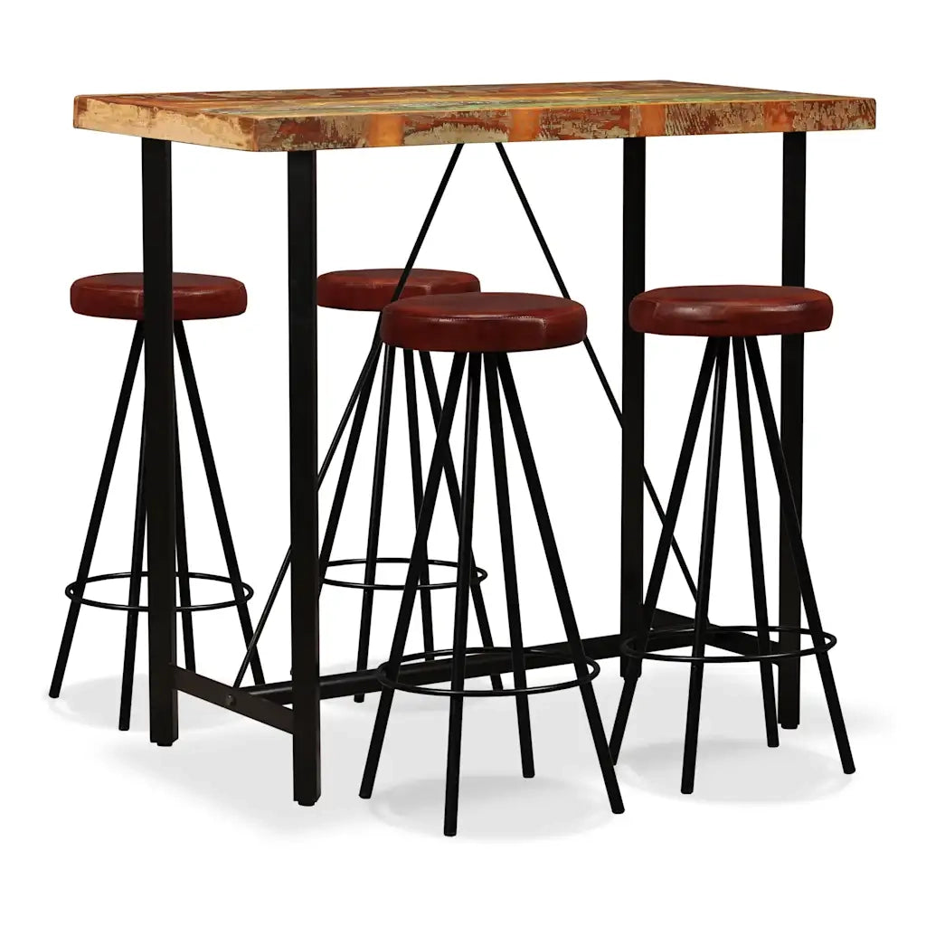 Set da Bar 5 pz in Legno Massello di Recupero e Vera Pelle cod mxl 31318