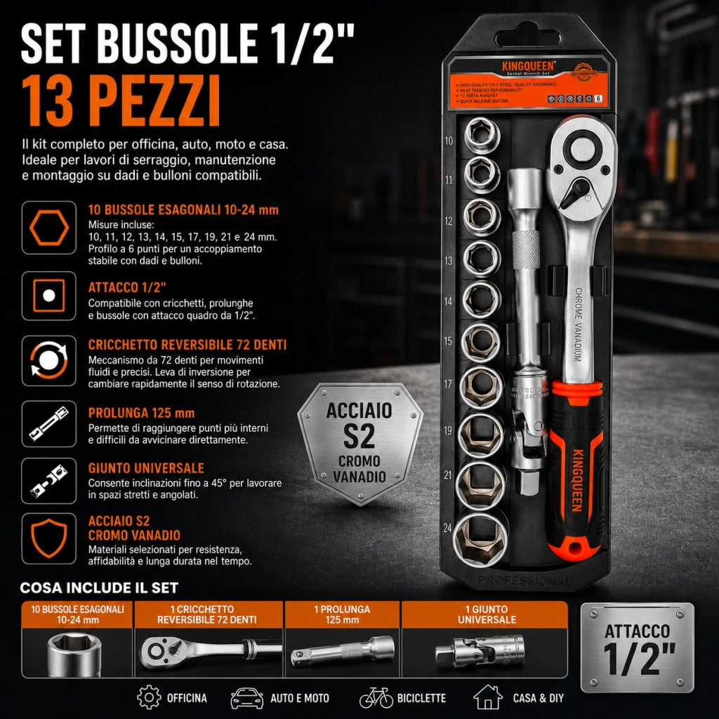 Set Chiave a Bussola  1/2" 13 Pezzi con Cricchetto Prolunga Da 10 a 24 WIB-193