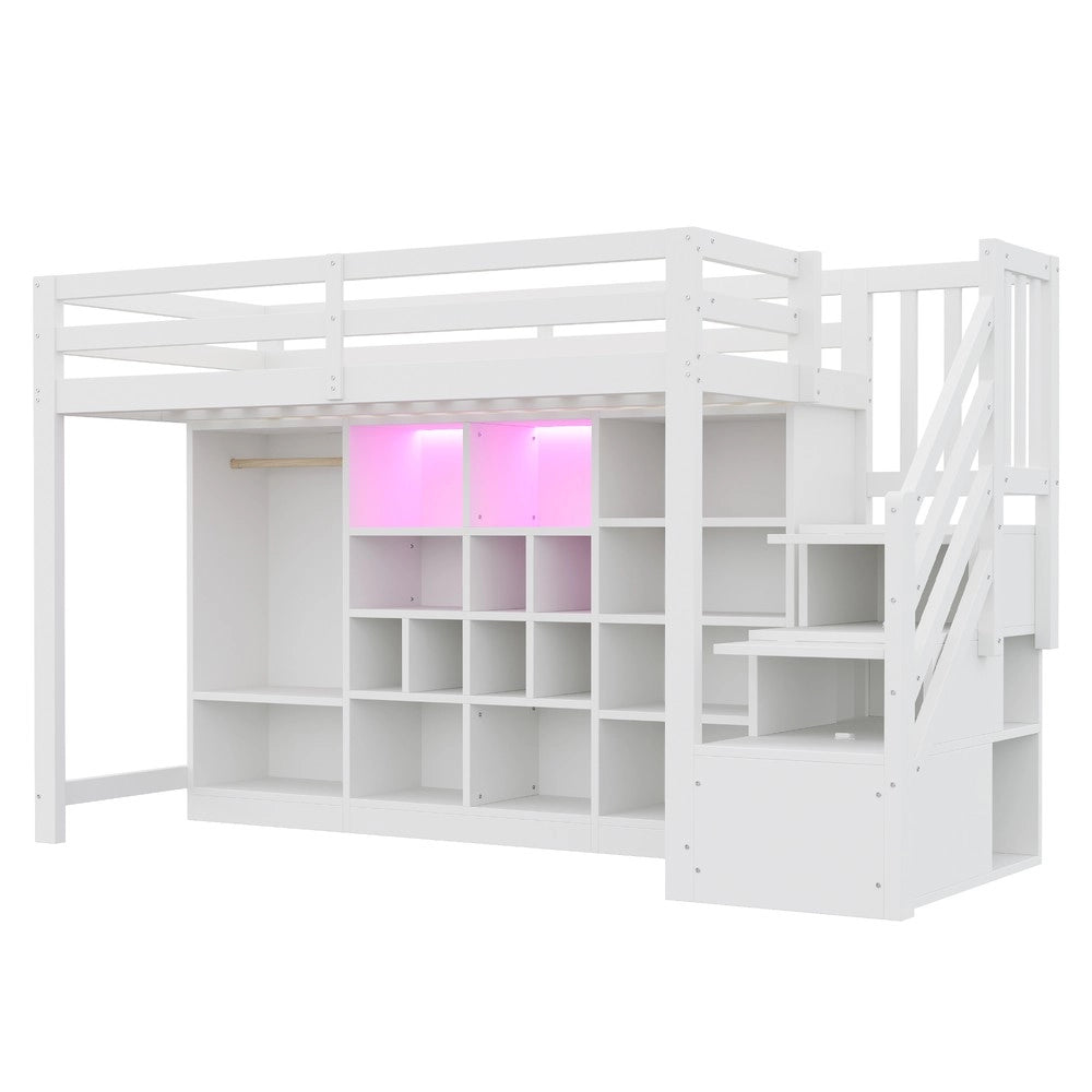 Letto a Soppalco con Armadio e Ripiani, LED ¨C Xylo ¨C 90x200, Bianco