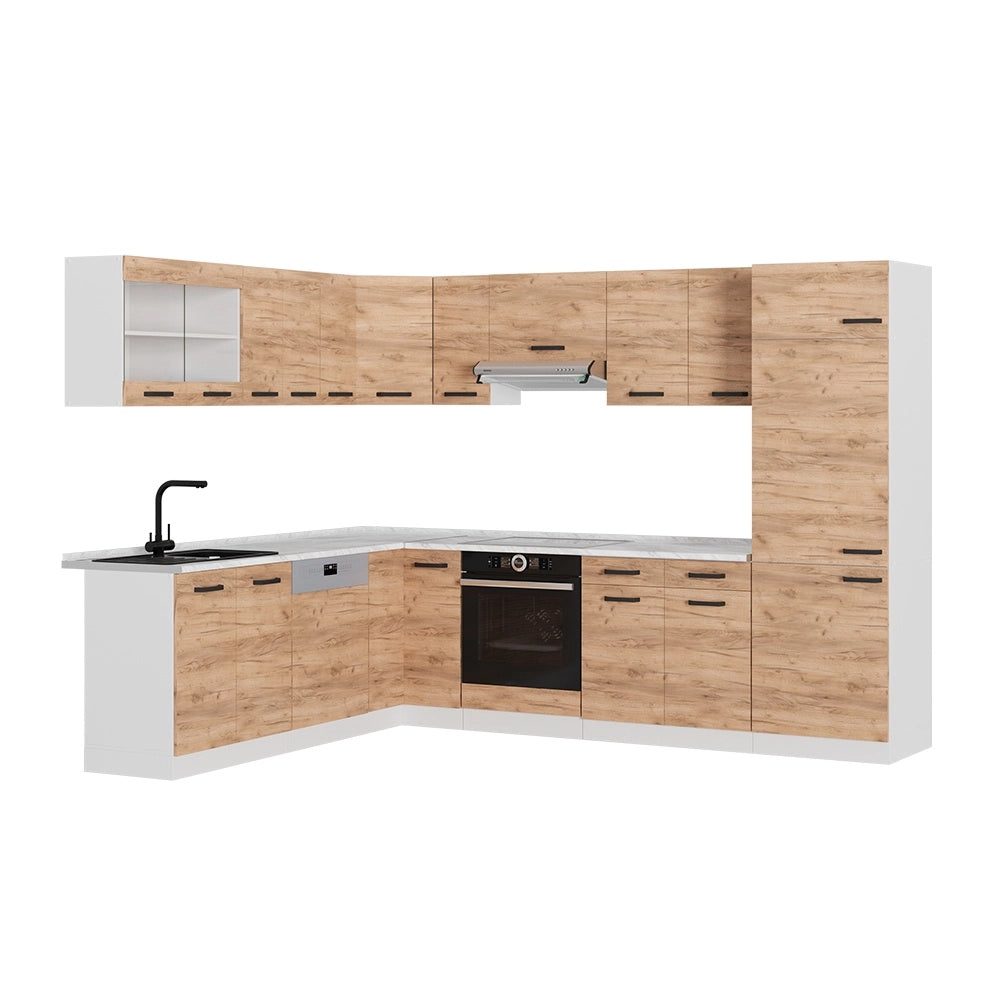 Cucina angolare completa R-Line Rovere dorato/Bianco 287 x 227 cm PL Marmo Vicco