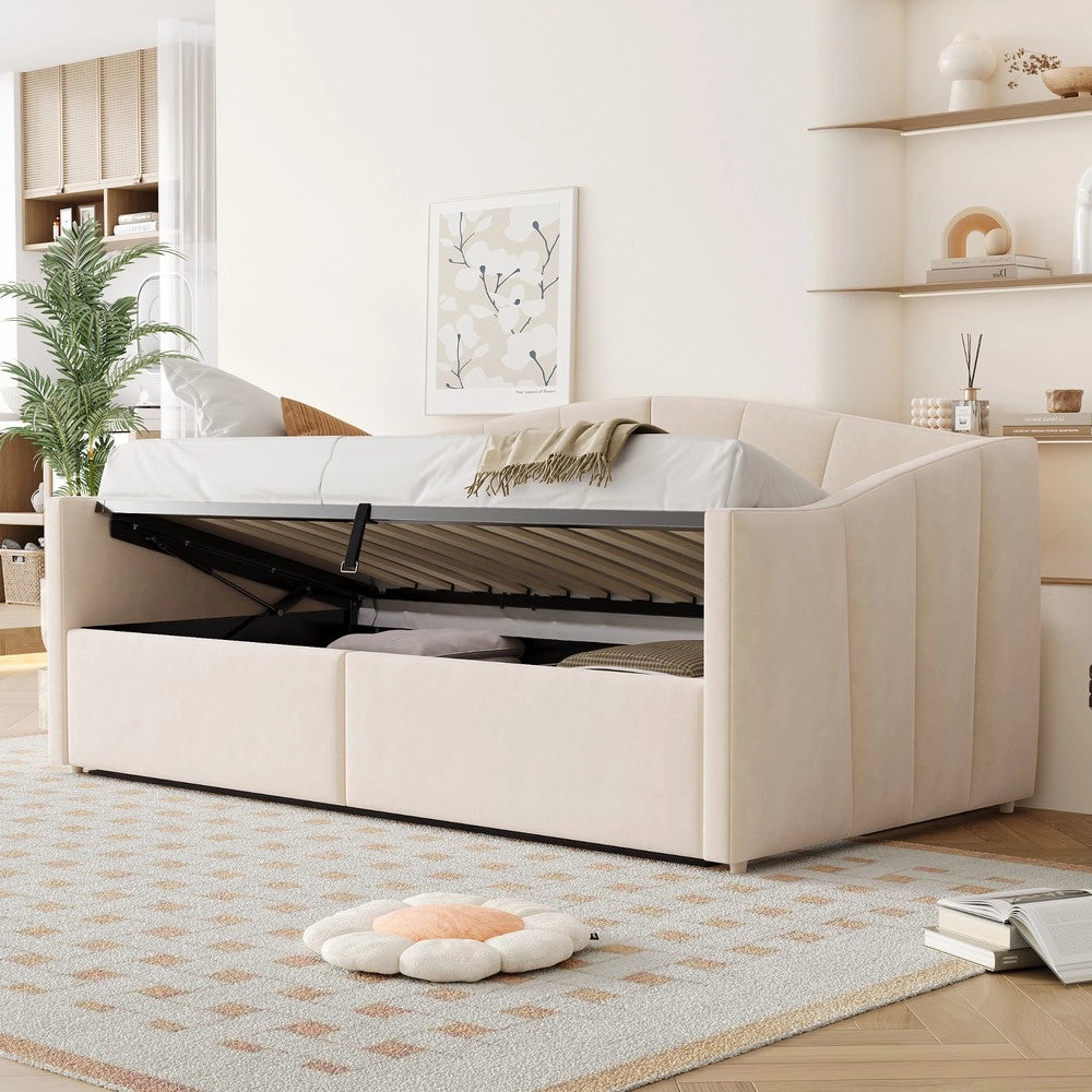 Letto imbottito contenitore 90x200 ¨C Minimal ¨C beige velluto con rete a doghe e braccioli