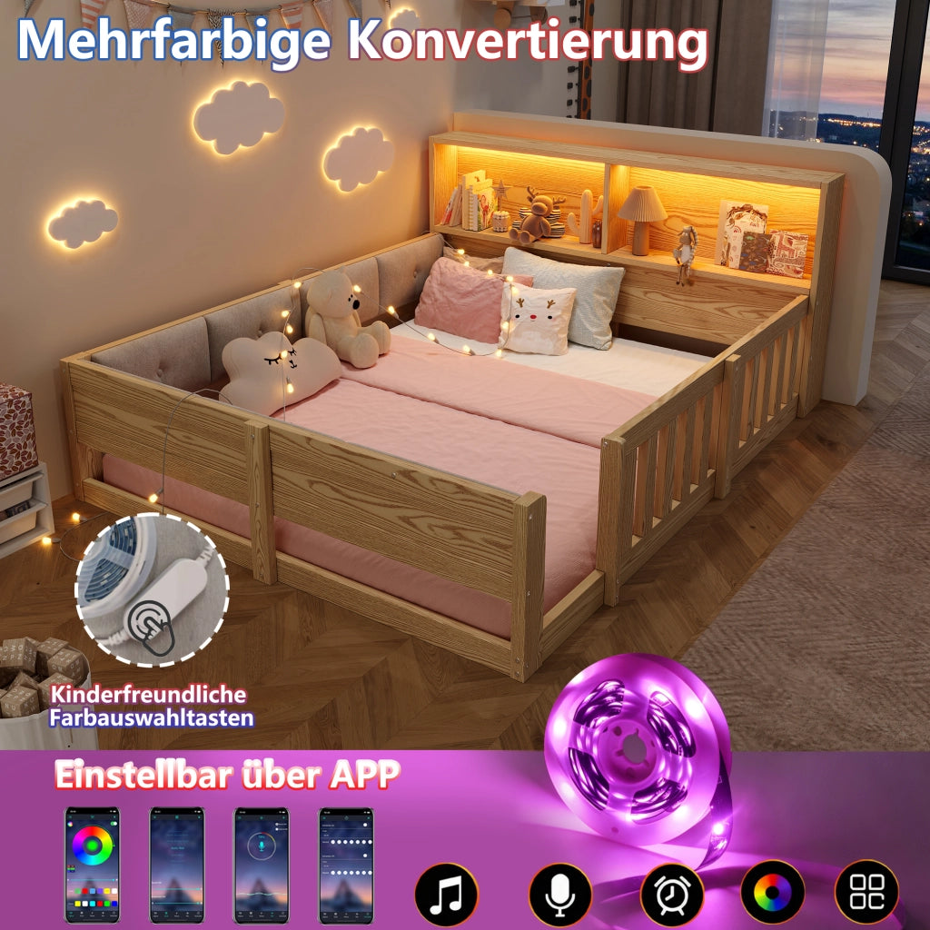 Letto per bambini 140 × 200 cm con sponde di sicurezza, testiera contenitore et LED, senza materasso, naturale