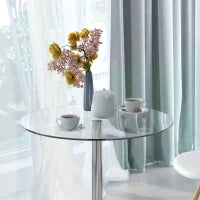 Tavolo da Pranzo Rotondo con Piano in Vetro, Telaio Metallico, Colore Argento