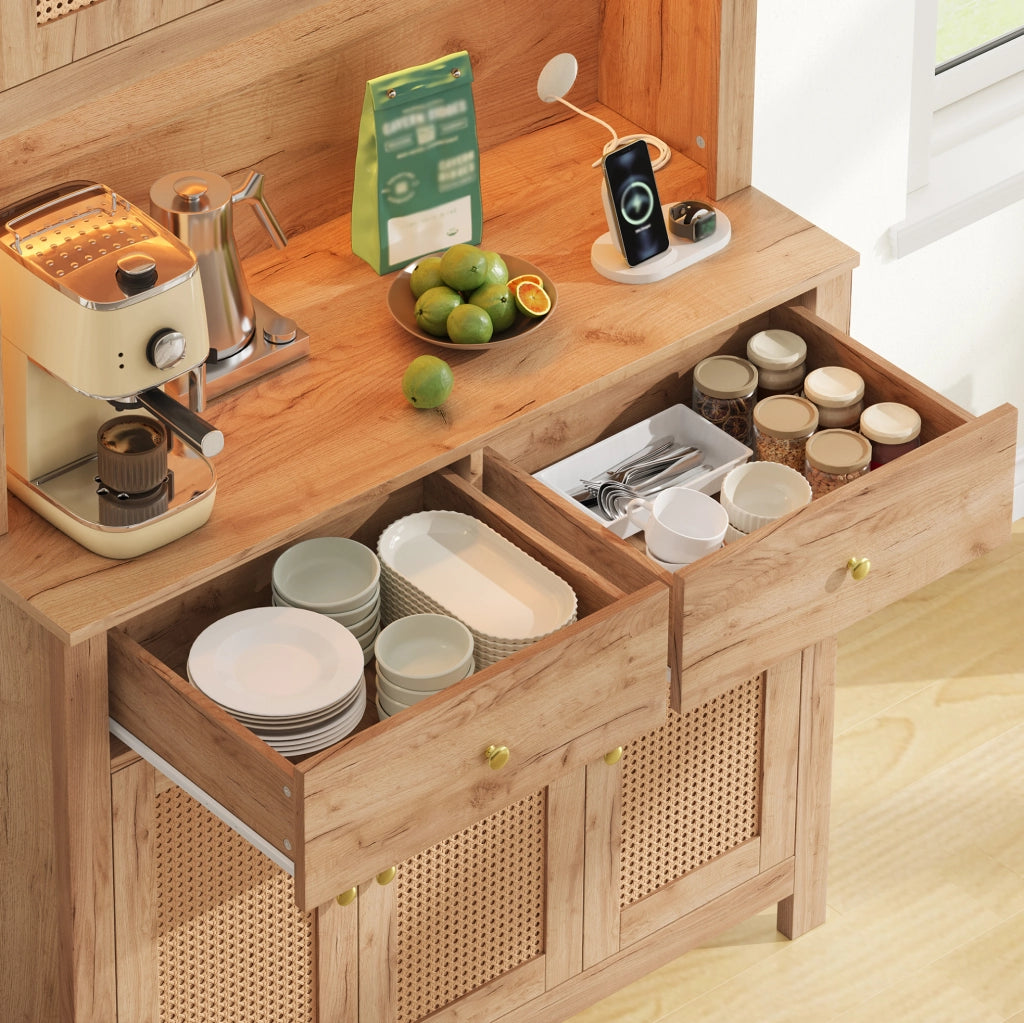 Credenza cucina alta 100x40x180 cm in MDF naturale con LED; prese e 2 cassetti